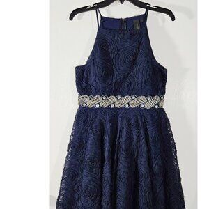 Navy Blue Rose Lace Formal Dress, Rhinestone Waist, Trixxi from Macy's